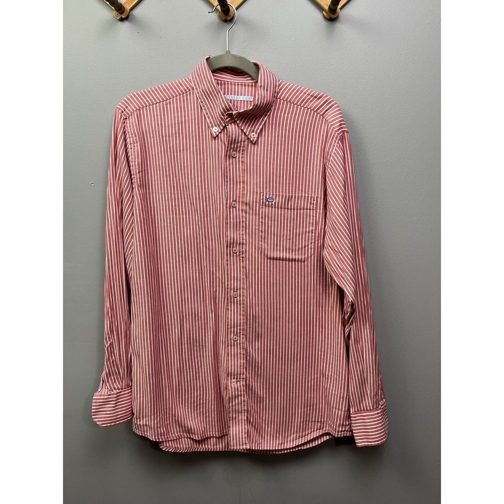 Southern Tide Button Down Shirt Mens M Red White Striped Long Sleeve Cotton Logo